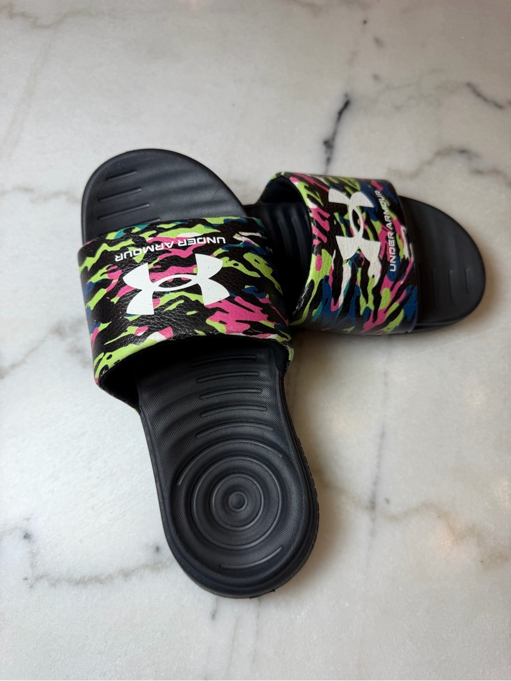 Under Armour Black Slides with Neon Pink, Green & Blue Camo Strap